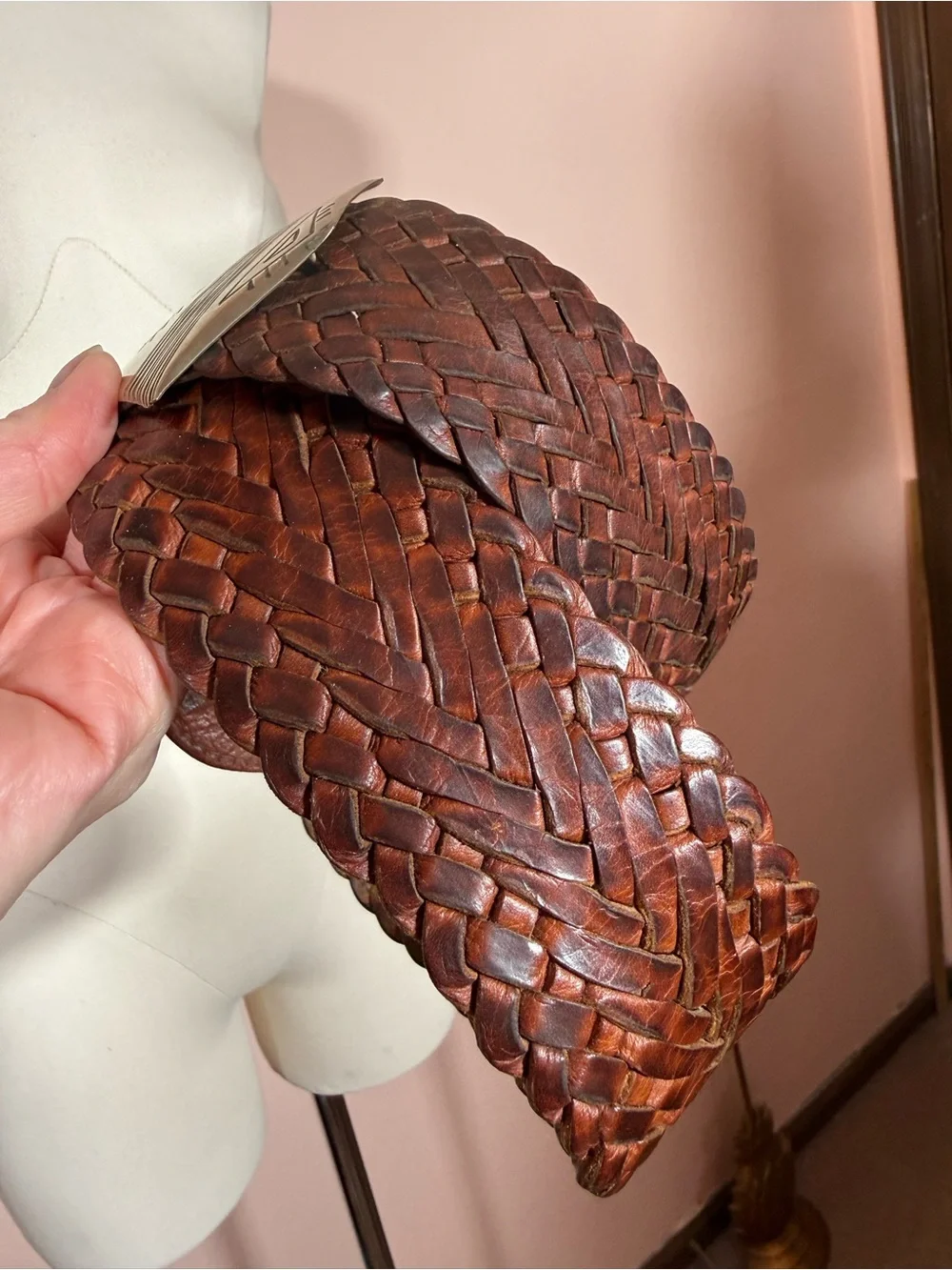 Vintage 1990 Brown woven wide Leather Oversized Silver Concho Belt adjustable